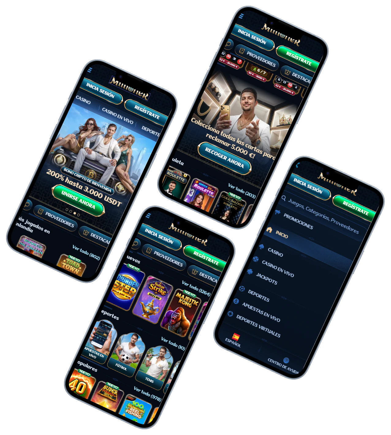 Millioner Casino versión móvil con juegos y menú